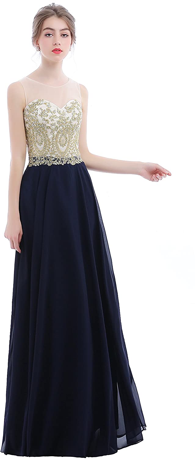 Price:$65.99    BRL MALL Gold Appliques Sheer Scoop Neck Long Prom Dresses  Clothing