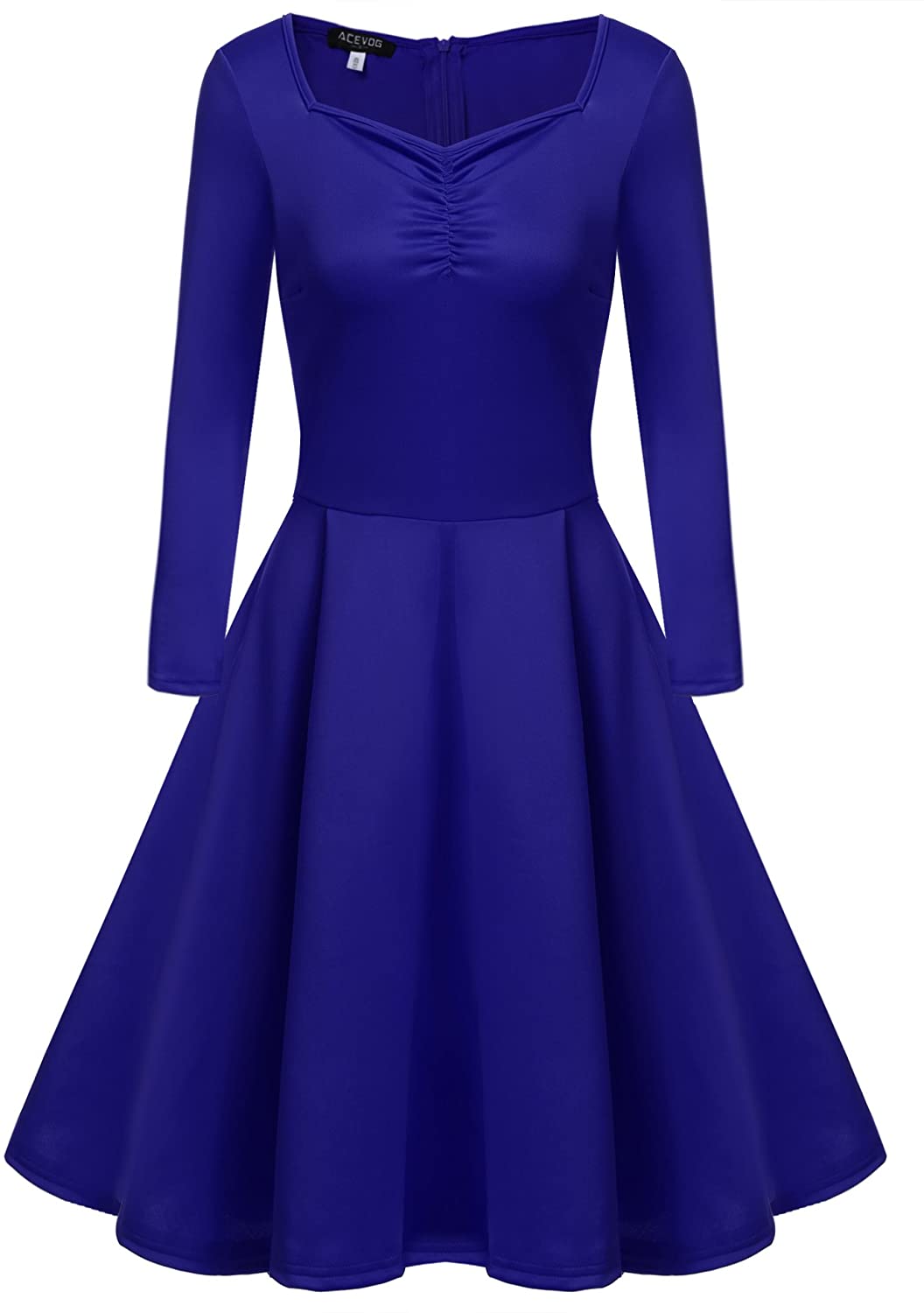 Price:$29.99    ACEVOG Womens Vintage Dress Midi Elegant Dress, A Line Swing Vintage Long Sleeve Scoop Neck Tea Dress  Clothing