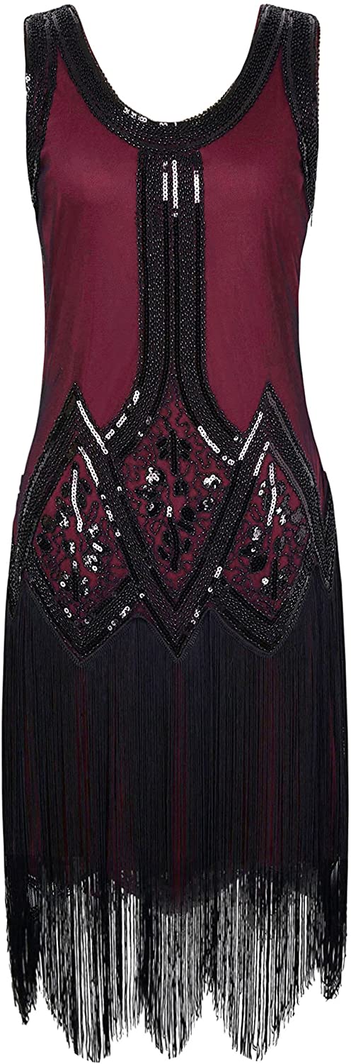 Price:$37.99    PrettyGuide Women's 1920s Vintage Beaded Fringed Inspired Flapper Dress L Burgundy  Clothing