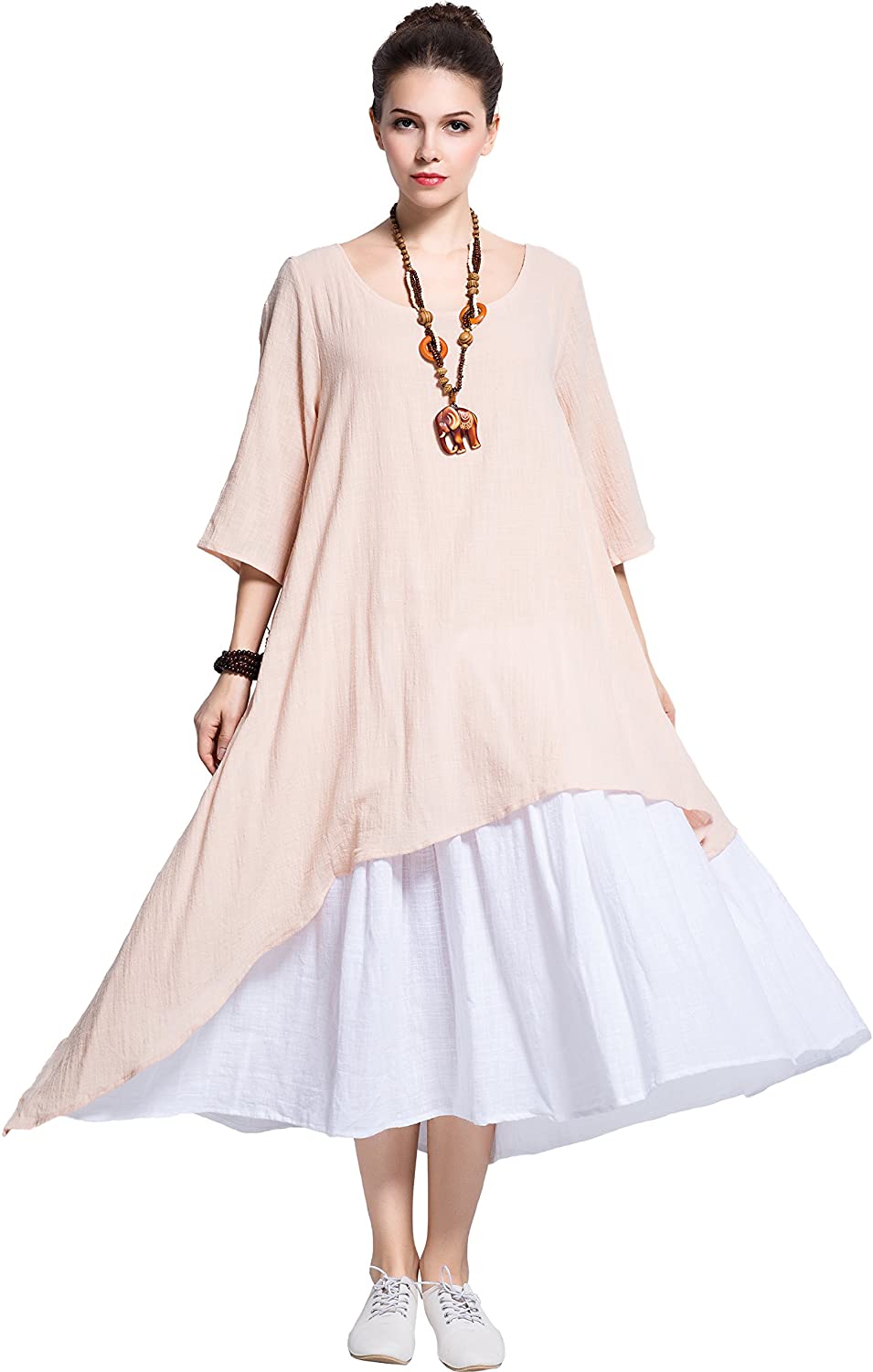Price:$42.70 Anysize Fake Two Piece Linen Cotton Dress Spring Summer Plus Size Dress Y111 at Amazon Women’s Clothing store