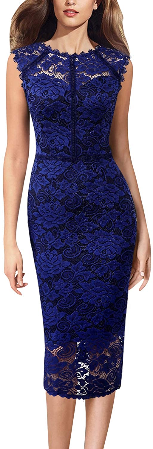 Price:$36.99 VFSHOW Womens Scalloped Illusion Floral Lace Cocktail Party Bodycon Sheath Midi Dress at Amazon Women’s Clothing store