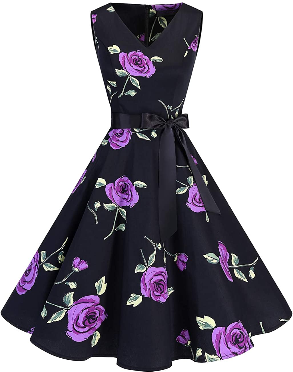 Price:$27.99    Bridesmay Women's 50s Vintage V-Neck Retro Rockabilly Swing Cocktail Party Dress Purple Flower 3XL  Clothing