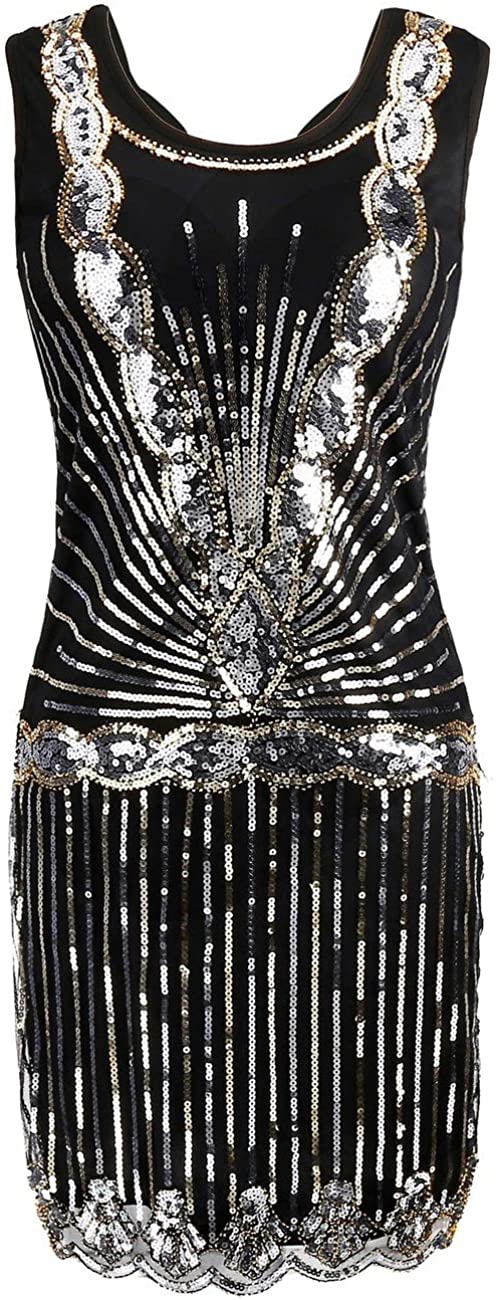 Price:$35.99    kayamiya Women's 1920S Sequined Beaded Back Deep V Gatsby Formal Dress L Gold  Clothing