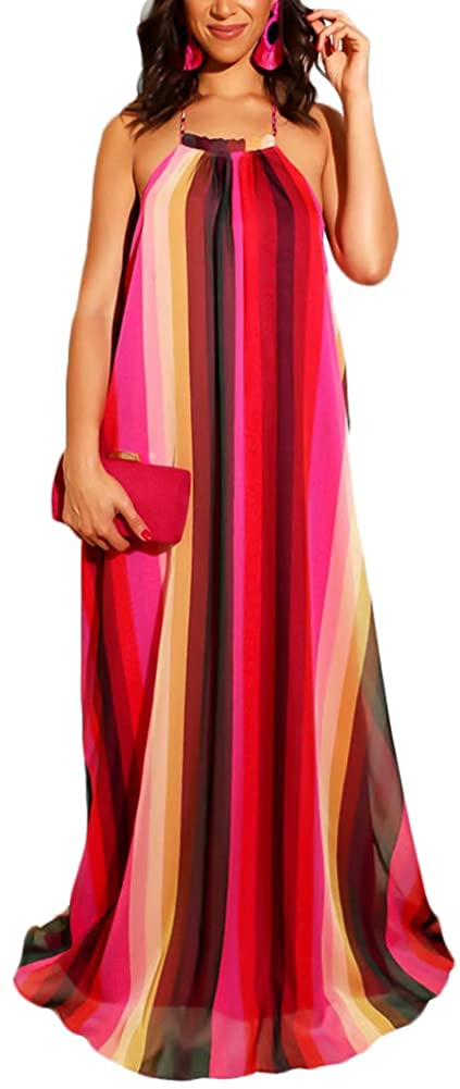 Price:$10.99 LAJIOJIO Women's Striped Off Shoulder Casual Sleeveless Split Maxi Party Dresses with Belt at Amazon Women’s Clothing store