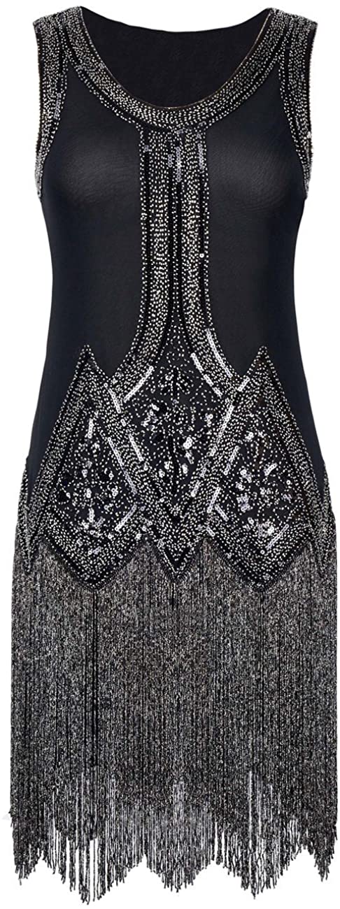 Price:$37.99    kayamiya Women's Inspired 20s Sequined Beaded Art Deco Gatsby Flapper Dress M Black  Clothing