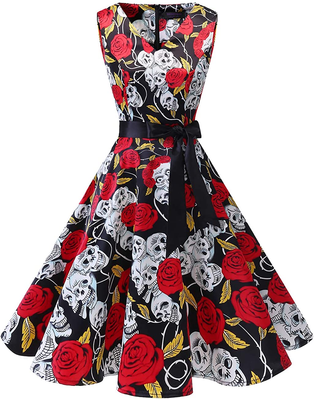 Price:$27.99    Bridesmay Women's 50s Vintage V-Neck Retro Rockabilly Swing Cocktail Party Dress Black Skull 3XL  Clothing