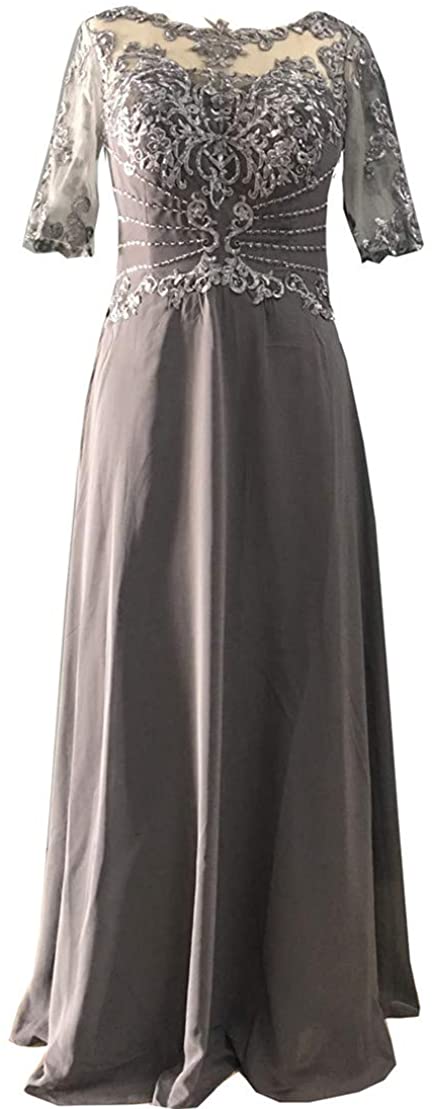Price:$86.99 SUMNUS Women's Chiffon Lace Appliques Scoop A Line Half Sleeve Mother of The Bride Dress at Amazon Women’s Clothing store
