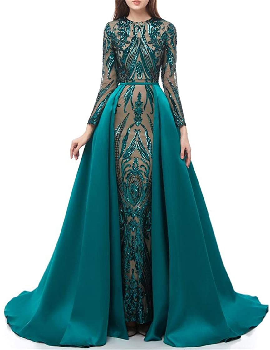 Price:$126.55 DKBridal Long Sleeves Mermaid Sequins Prom Dresses 2 Pieces Detachable Train Evening Party Gowns at Amazon Women’s Clothing store