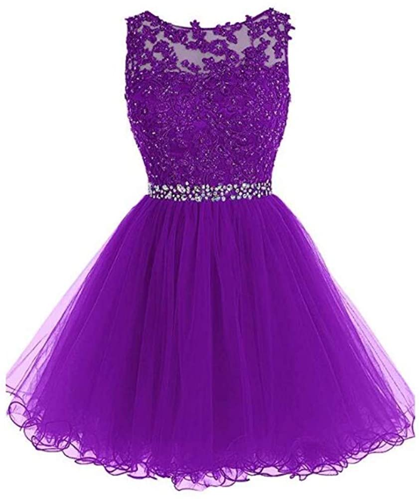 Price:$42.00    HHBY Women Short Beaded Homecoming Dresses Tulle Lace Applique Prom Party Gowns  Clothing