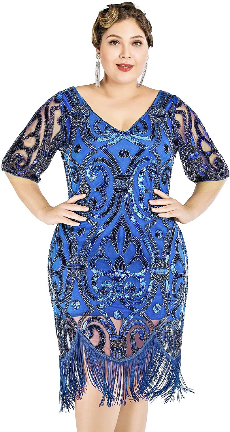 Price:$36.99    KILOLONE Women's 1920s Dresses Fringe Gatsby Cocktail Dresses XL Blue  Clothing