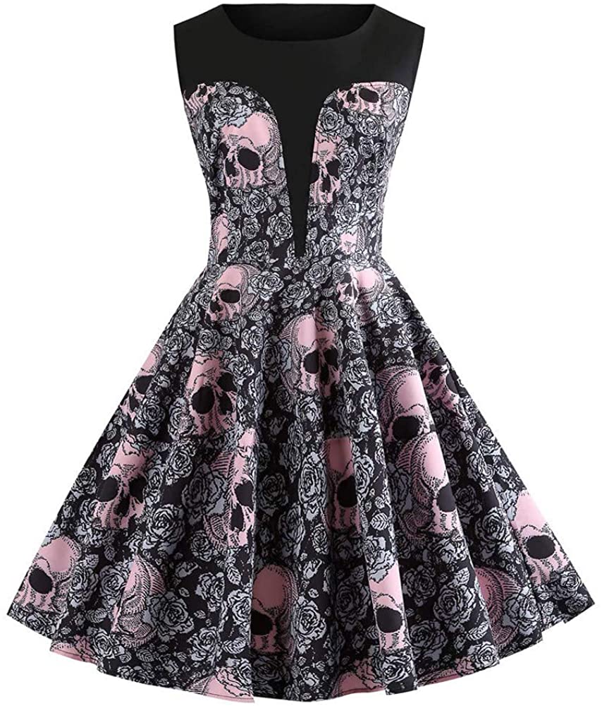 Price:$6.66 DongDong A-Line Dress, Halloween Sleeveless Skull Floral Sneaky Print Vintage O-Neck Evening Party Dress at Amazon Women’s Clothing store