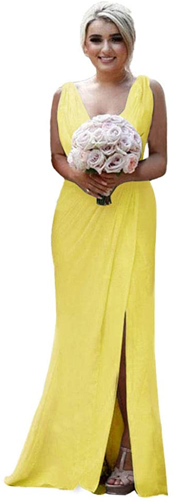 Price:$24.98 V-Neck Bridesmaid Dresses Long Chiffon Pleated Split Formal Prom Gown for Women at Amazon Women’s Clothing store