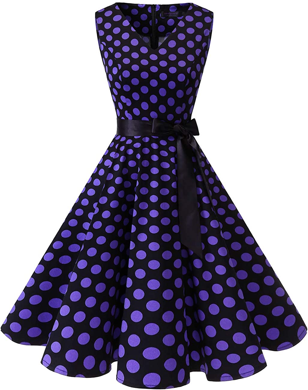 Price:$27.99    Bridesmay Women's 50s Vintage V-Neck Retro Rockabilly Swing Cocktail Party Dress Black Purple Dot 3XL  Clothing