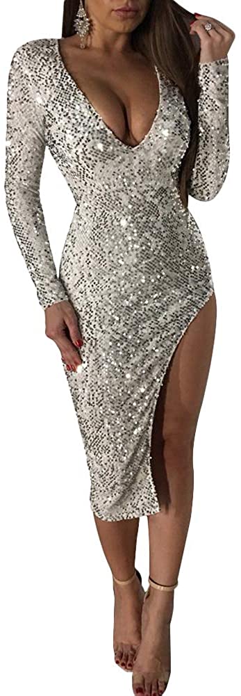 Price:$28.88 Women’s Sequins High Waist Bodycon Solid Color Dress Sexy Sequined Side Split Skirt Sparkly Split Bridesmaid Gowns at Amazon Women’s Clothing store