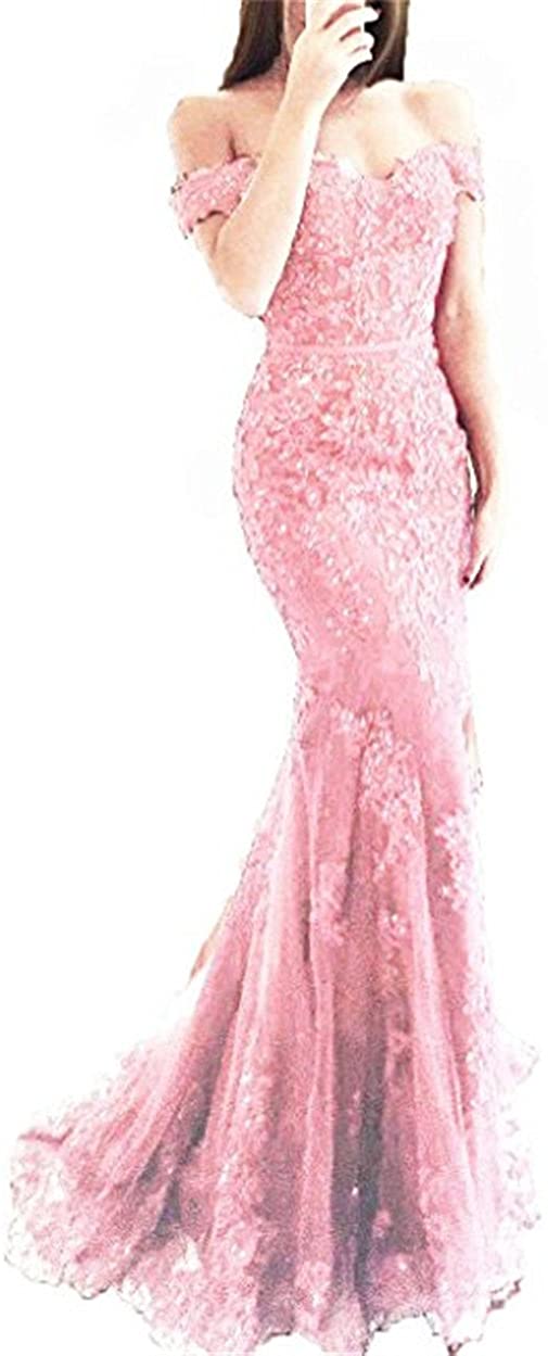 Price:$98.40    YSMei Lace Mermaid Tulle Prom Dresses Off Shoulder Long Wedding Party Gown trainPink 12  Clothing