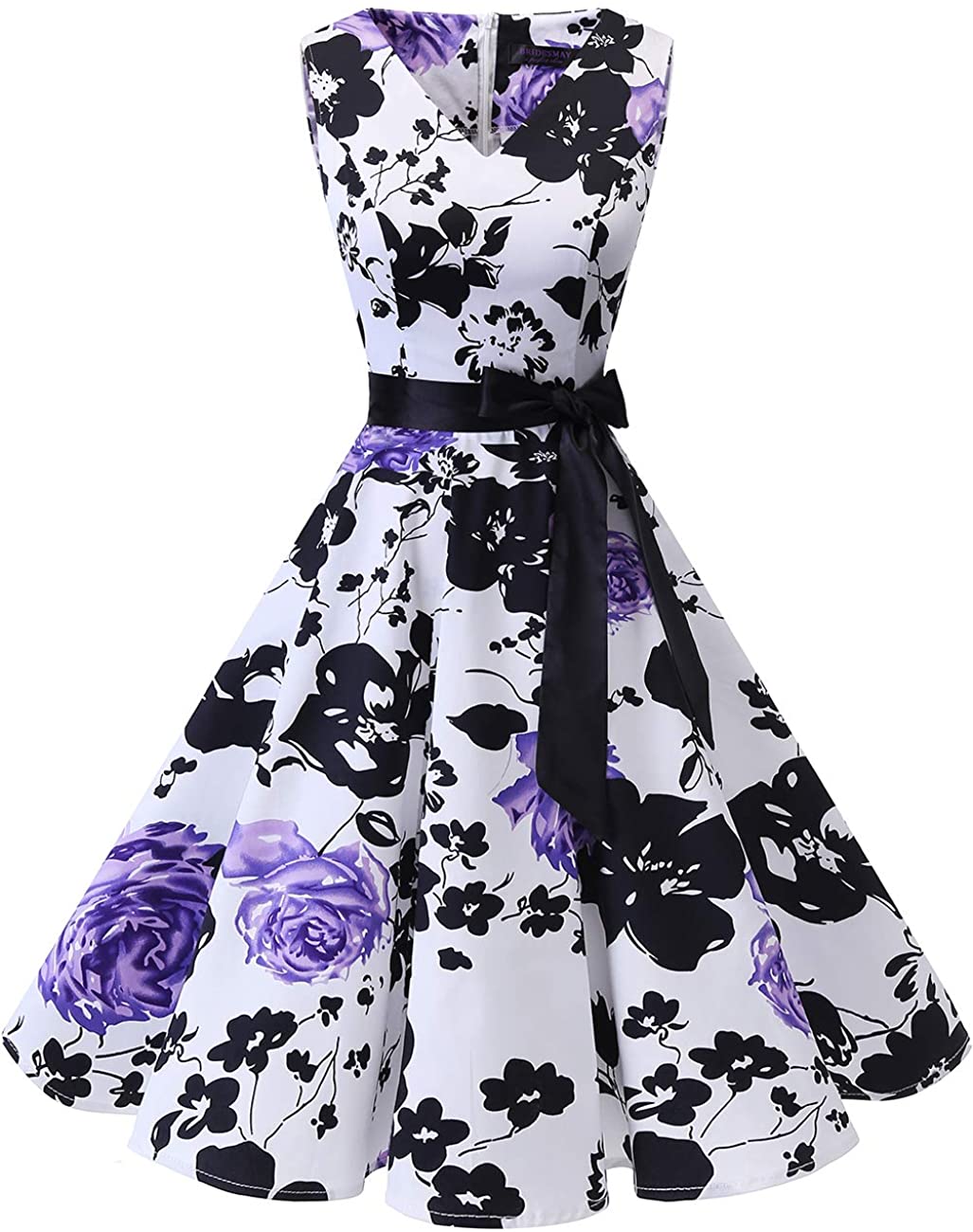 Price:$27.99    Bridesmay Women's 50s Vintage V-Neck Retro Rockabilly Swing Cocktail Party Dress White Purple Flower 3XL  Clothing