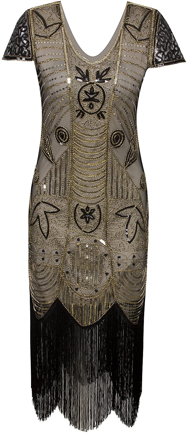 Price:$29.99 VIJIV 1920s Gatsby Flapper Dresses with Sleeves Sequin Art Deco Cocktail Dress at Amazon Women’s Clothing store