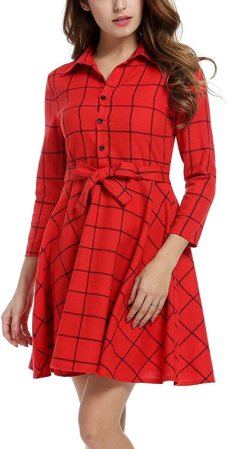 Price:$28.99 Zeagoo Women Lapel 3/4 Sleeve Plaid Belted Casual A-line Swing Shirt Dress S-XXL at Amazon Women’s Clothing store