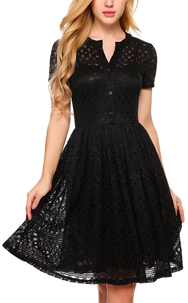 Price:$12.97    Zeagoo Women's Retro Vintage Floral Lace Short Sleeve Cocktail Party Dress Black  Clothing
