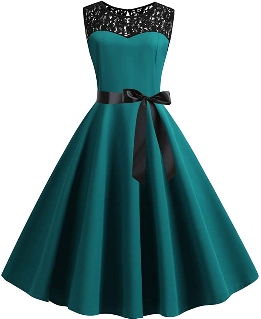 Price:$4.99 JoCome Women Lace Patchwork Dress Sleeveless Deep V-Neck A Line Flared Party 1950s Retro Prom Swing Dress at Amazon Women’s Clothing store