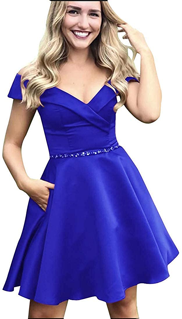Price:$69.00    Iluckin Short Off Shoulder Homecoming Dress Prom Dresses Beaded A Line Cocktail Party Gowns for Juniors  Clothing