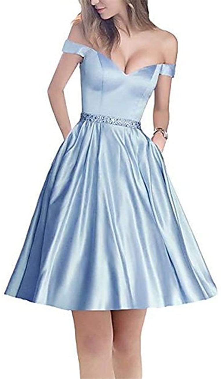 Price:$72.99    SSPBridal A-line Off-Shoulder Short Homecoming Dresses Satin Mini Cocktail Party Gowns with Beading Prom Dress SkyBlue 10  Clothing