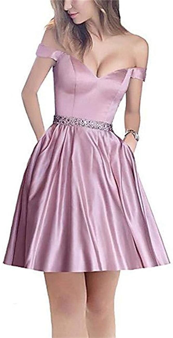 Price:$72.99    SSPBridal A-line Off-Shoulder Short Homecoming Dresses Satin Mini Cocktail Party Gowns with Beading Prom Dress Pink 6  Clothing
