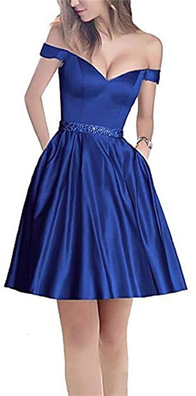 Price:$72.99    SSPBridal A-line Off-Shoulder Short Homecoming Dresses Satin Mini Cocktail Party Gowns with Beading Prom Dress RoyalBlue Customsize  Clothing