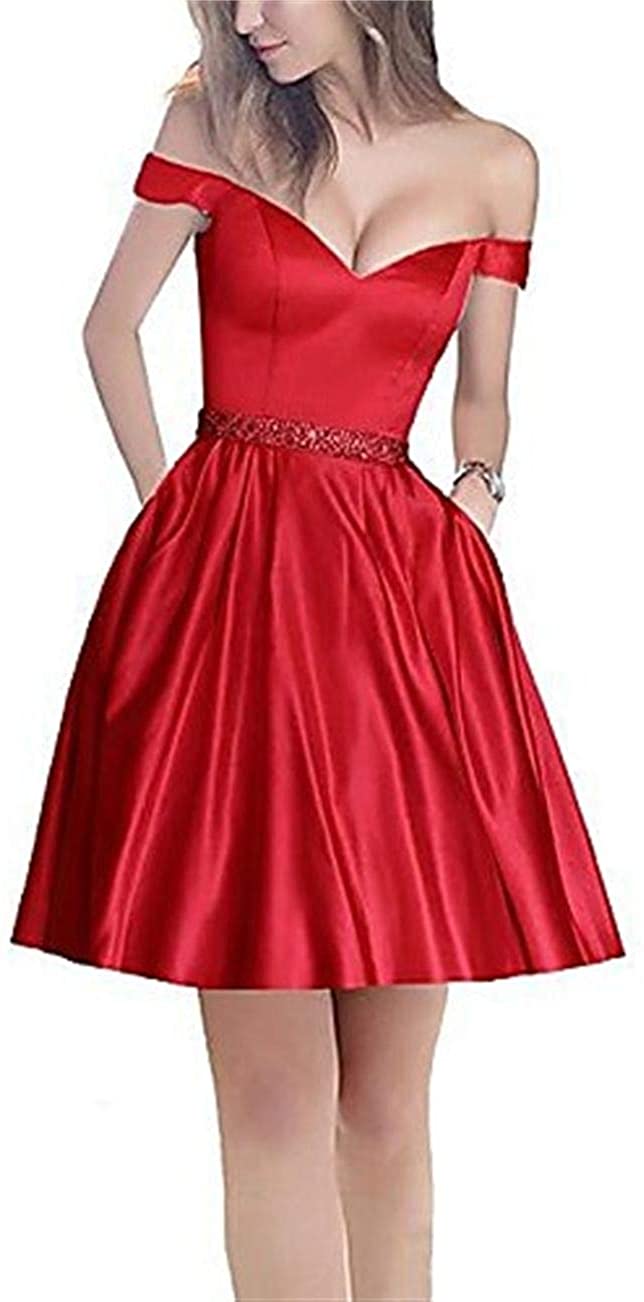 Price:$72.99    SSPBridal A-line Off-Shoulder Short Homecoming Dresses Satin Mini Cocktail Party Gowns with Beading Prom Dress Red 16  Clothing