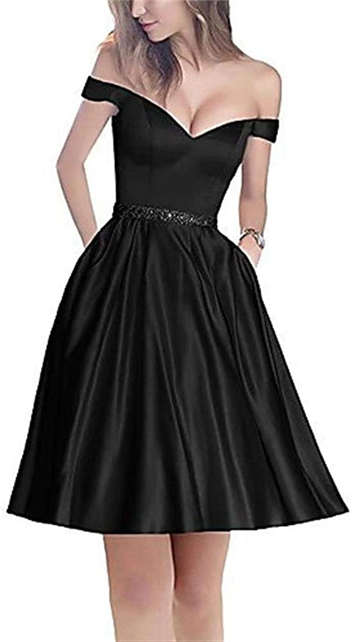 Price:$72.99    SSPBridal A-line Off-Shoulder Short Homecoming Dresses Satin Mini Cocktail Party Gowns with Beading Prom Dress Black 18w  Clothing