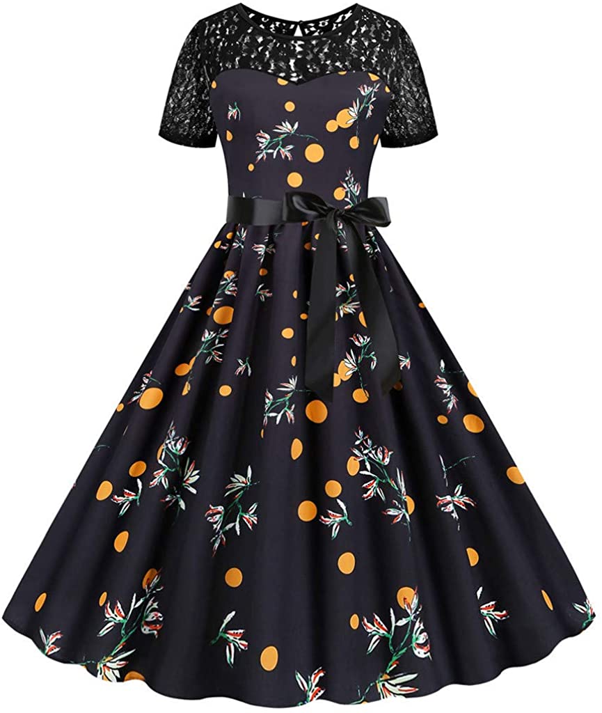 Price:$9.99    Women's Retro A Line Rockabilly Tea Dress Lace Patchwork Short Sleeve 50s 60s Party Swing Cocktail Dress with Sashes  Clothing