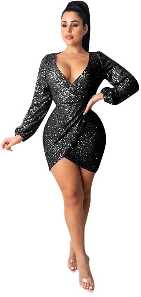 Price:$10.50    Vild Sequin Dress for Women, V Neck Long Sleeve Ruched Bodycon Mini Sexy Cocktail Party Night Out Outfit  Clothing