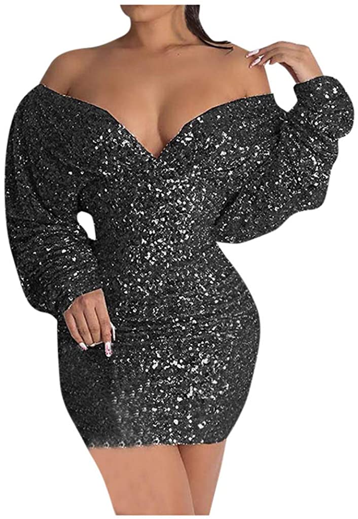 Price:$12.50    Vild Sequin Dress for Women, Backless V Neck Long Sleeve Bodycon Mini Sexy Cocktail Party Night Out Outfit  Clothing
