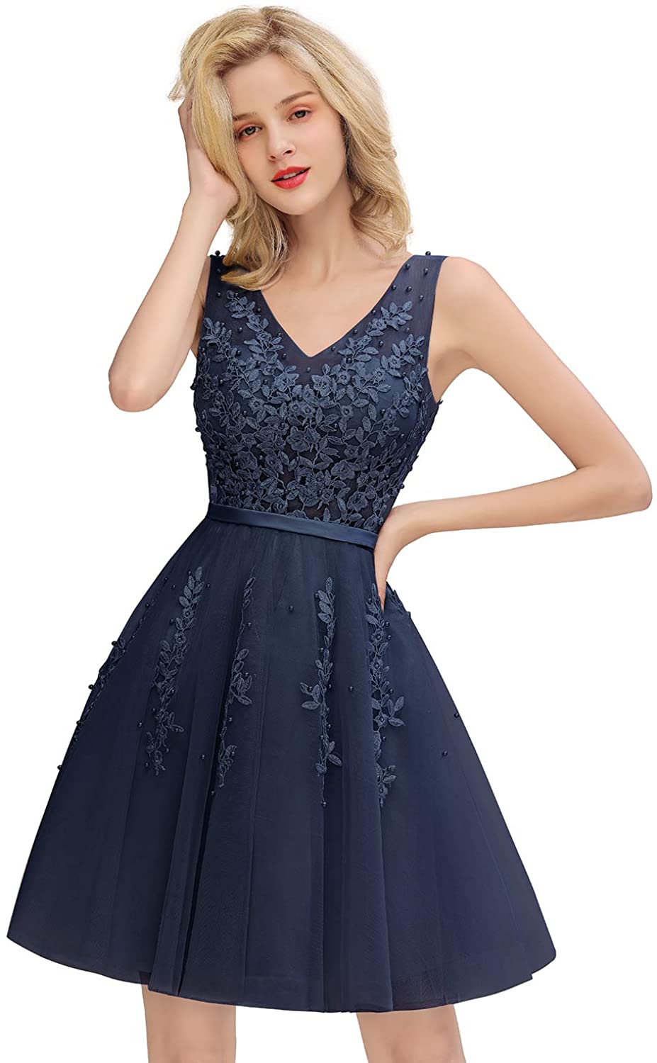 Price:$55.99 Women's V Neck Sleeveless Floral Lace Tulle Bridesmaid Swing A-line Prom Long Dress Evening Mini Dress at Amazon Women’s Clothing store
