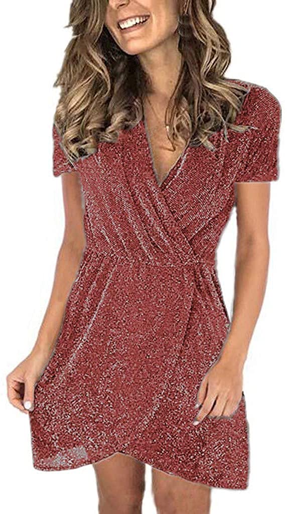 Price:$8.50 Vild Glitter Dress for Women, Loose Fit V Neck Short Sleeve Wrap Casual Cocktail Party Night Out Outfit at Amazon Women’s Clothing store