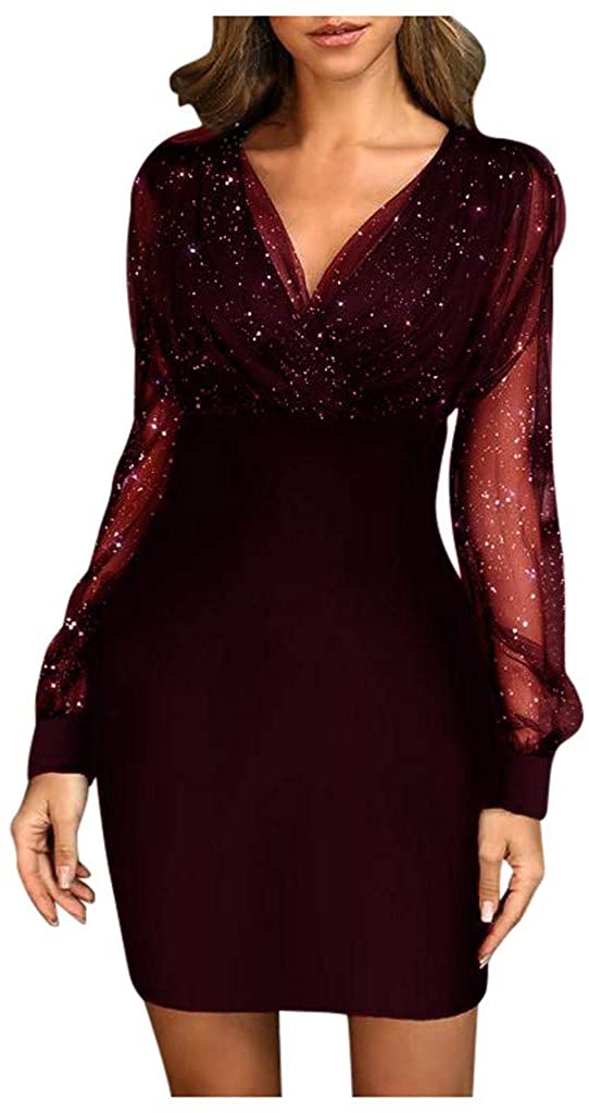 Price:$8.50 Vild Glitter Dress for Women, Mesh Long Sleeve V Neck Bodycon Mini Sexy Cocktail Party Club Night Out Outfit at Amazon Women’s Clothing store