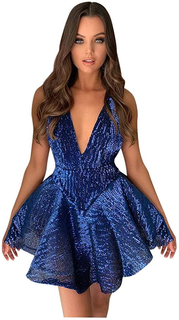 Price:$9.50 Vild Sequin Dress for Women, Plunge Skater Spaghetti Straps Cocktail Sexy Party Night Out Outfit Rave Cloth at Amazon Women’s Clothing store