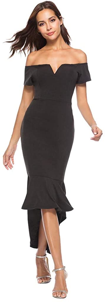 Price:$0.00 JESPER Women's Off The Shoulder Center Notch Gown Fishtail Midi Bodycon Dress Short Sleeve Cocktail Dress at Amazon Women’s Clothing store