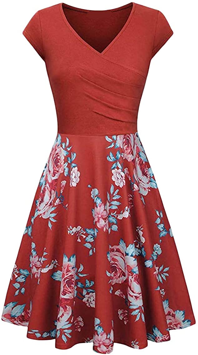 Price:$16.99    YMING Womens Vintage 50s Cocktail Dress Pleated V Neck A Line Swing Midi Dress XS-3XL  Clothing
