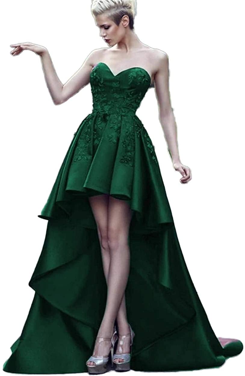 Price:$99.00    SSPBridal High-Low Lace Applique Prom Dress Party Gowns Sweetheart Satin Formal Evening Dresses with Court Train pp107  Clothing