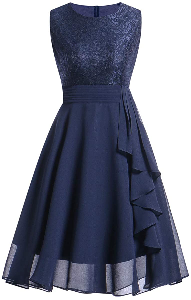 Price:$15.67    Women's Vintage Floral Lace Fit & Flare Midi Dress Round Neck Sleeveless Slim Cocktail Party Dresses KLGDA  Clothing