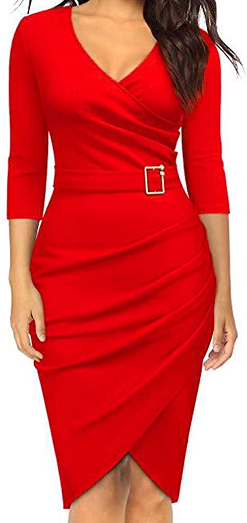 Price:$10.76 DONGXIEHYS Women's Sexy Solid Color V-Neck Skinny Dress, Long Sleeve Irregular Hem Work Party Bodycon Midi Dresses at Amazon Women’s Clothing store