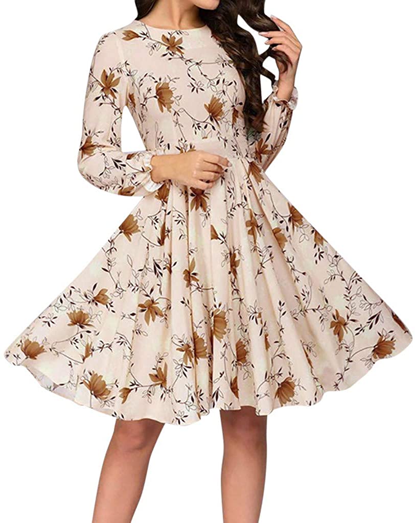 Price:$0.00 Joyionier Women Dresses Casual Women Printing A-Line Elegant Ruffles Long Sleeve Knee-Length Vintage Dress at Amazon Women’s Clothing store