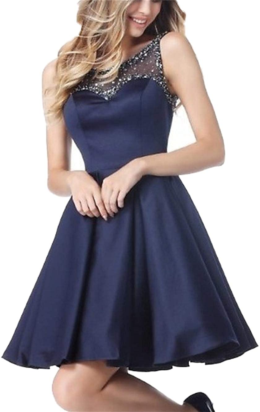 Price:$80.99    SSPBridal Illusion Neck Homecoming Dresses Short Open Back Prom Dresses Formal Evening Party Ball Gowns with Beads pp83  Clothing