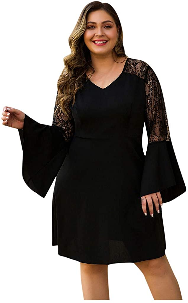 Price:$3.32 Aotifu 2019 Women's Long Sleeves V-Neckline Floral Lace Top Sale Plus Size Cocktail Party Swing Midi Dress at Amazon Women’s Clothing store
