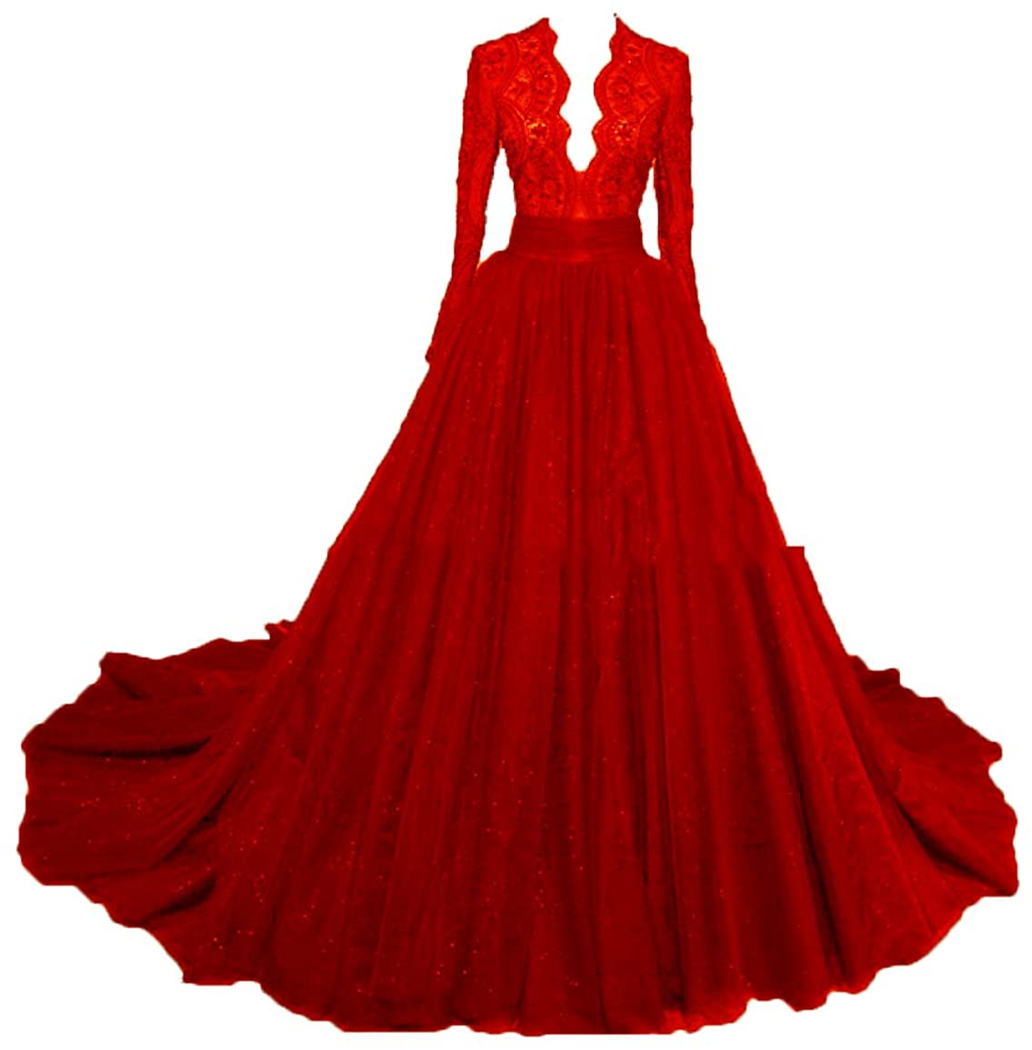 Price:$99.00    Women's Lace Beaded Prom Dresses Quinceanera Ball Gown with Long Sleeves Tulle Evening Dress AL060  Clothing