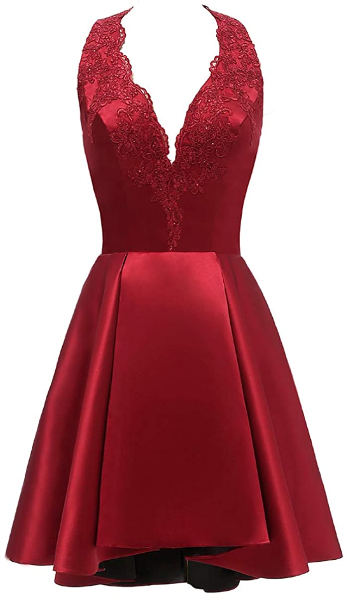 Price:$79.99    SZJMS Short Halter Satin Homecoming Dress A-Line Appliques Formal Prom Cocktail Gown for Junior Burgundy Custom-Made  Clothing