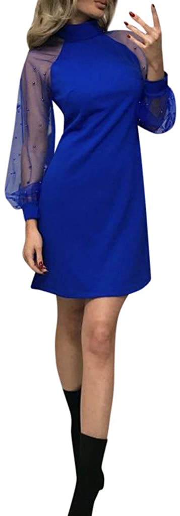 Price:$6.26    DONGXIEHYS Women's Fashion Solid Pearl Beading Mesh Sleeve Dress Long Sleeve A-Line Mini Club Party Dress  Clothing