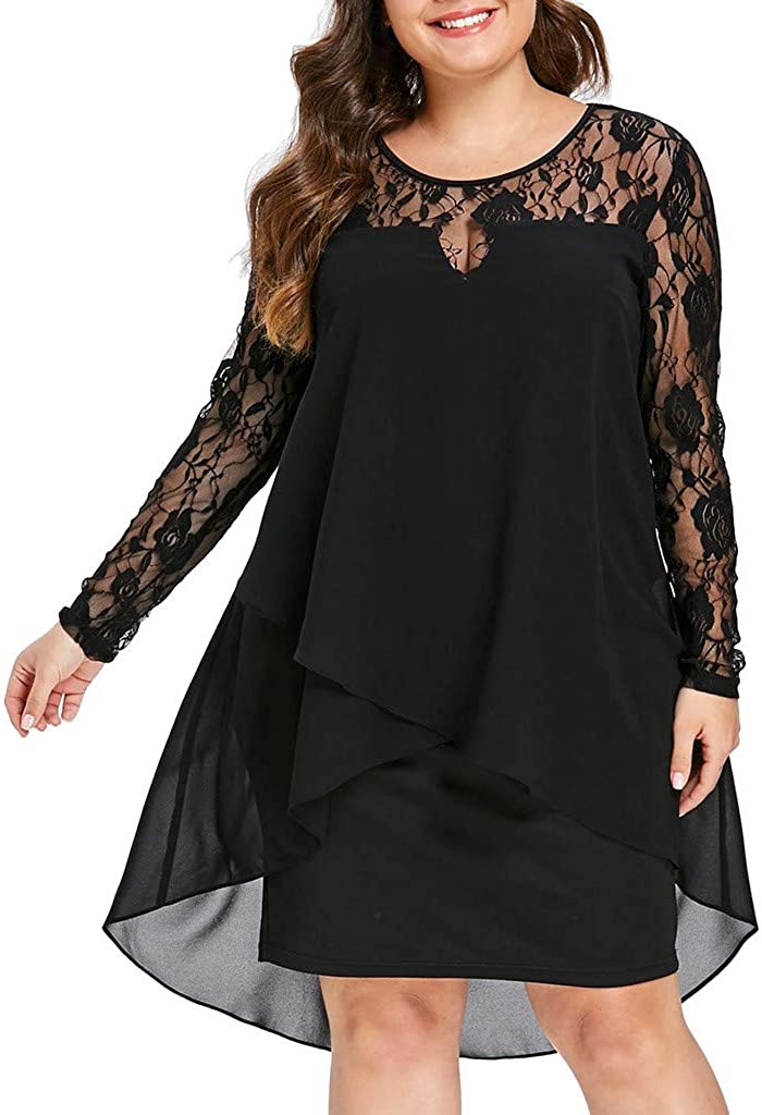 Price:$8.90 Womens Floral Lace Patchwork Long Sleeve Round Neck High Low Hem Plus Size Chiffon Dress at Amazon Women’s Clothing store