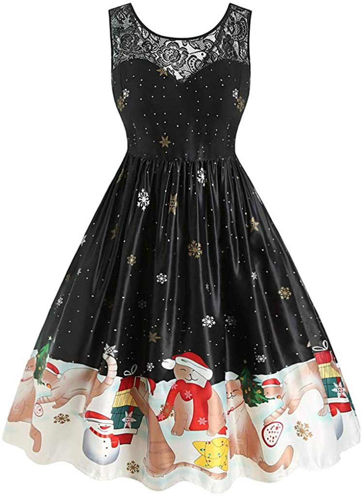 Price:$9.17 FACAIAFALO Womens Christmas Vintage Dress Sleeveless Lace Print Dresses - Xmas Evening Party Swing Dress at Amazon Women’s Clothing store